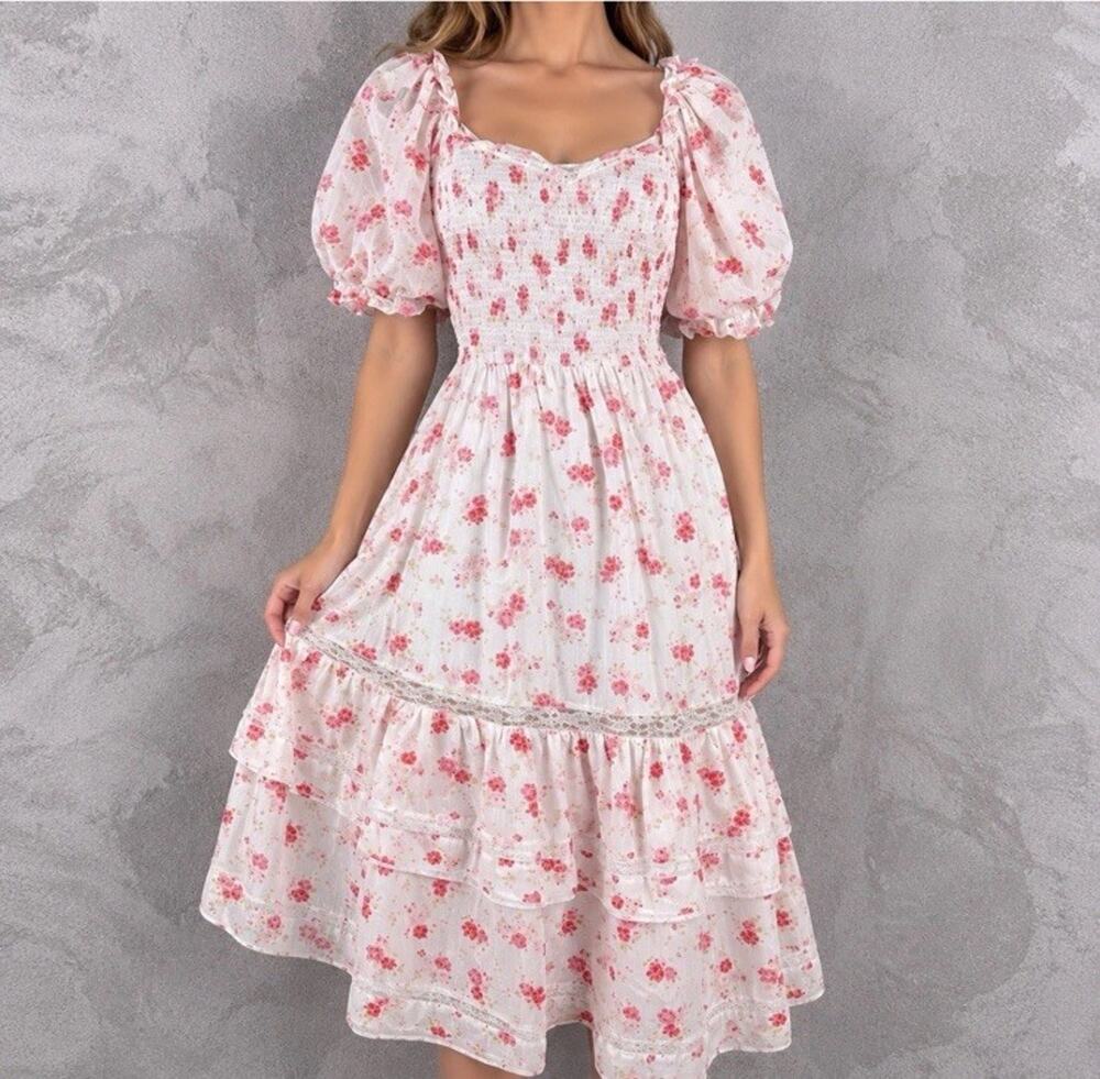 LoveShackFancy x Target Smocked Dress Womens M White Puff Sleeve Cottagecore